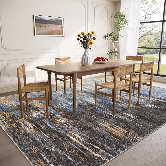 ROYHOME Modern Abstract Living Room Rug 10x13, Machine Washable Large Carpet, Non Slip Low Pile Throw Rug, Ultra Soft Indoor Floor Carpet for Bedroom Dining Room Table Home Decor, Blue/Brown
