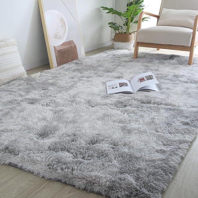 Living Room Shag Area Rug 8x10 - Soft Non-Slip Carpet Tie-Dyed Light Gray | Modern Grey Style: Cool Neutral Grey Complements Any Sofa, Furniture Or Decor - A Timeless Choice For Any Living Space