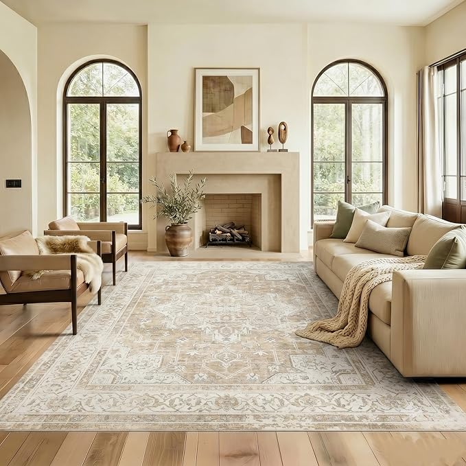 9x12 Area Rug for Living Room-Vintage Farmhouse Boho Floral Neutral Washable Stain Resistant Indoor Carpet for Bedroom Office and Home Decor(Beige&Brown)