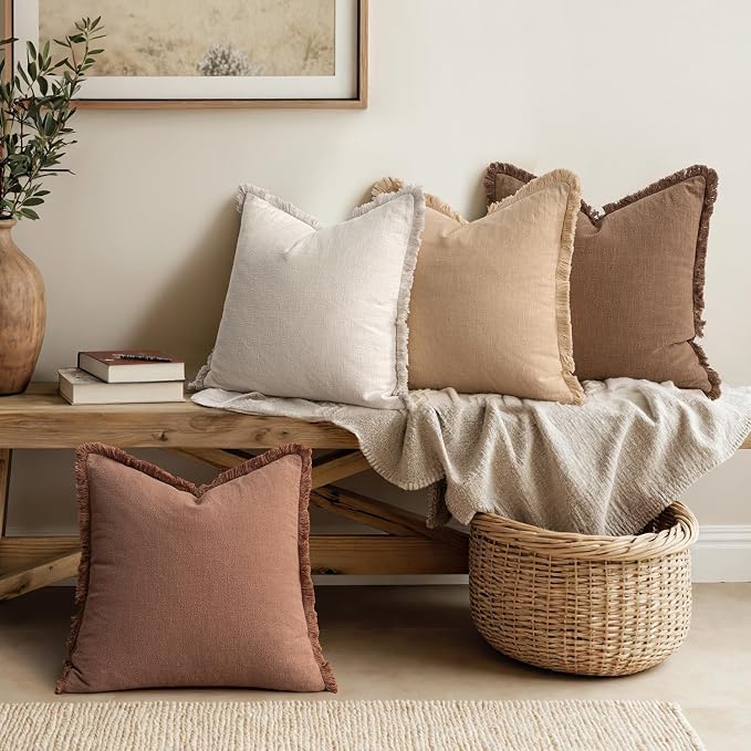 MIULEE Fall Linen Fringe Pillow Covers Set of 4 24x24 Beige/Brown | Boho Farmhouse Decorative Throw Pillow Covers, Neutral Euro Rustic Cushion Cases, for Couch Sofa Bed Living Room Home Decor