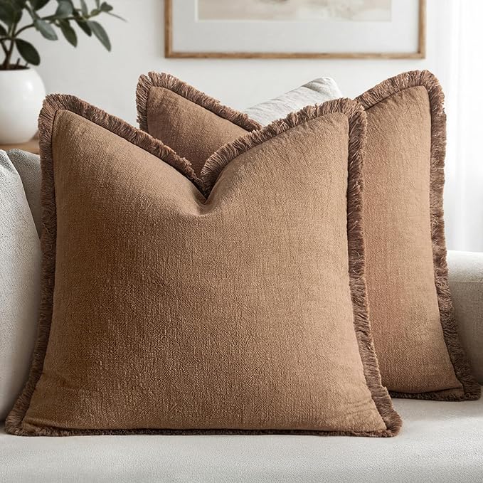 MIULEE Decorative Throw Pillow Covers Neutral Linen Fringe Throw Pillows Set of 2 Brown Boho Farmhouse Cushion Covers with Tassels for Couch Sofa Bed Living Room Fall Home Decor 16x16 Inch