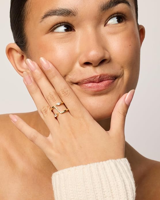 PAVOI 14K Gold Plated Cubic Zirconia Bypass Open Band Stackable Ring for Women | CZ Statement Eternity Rings