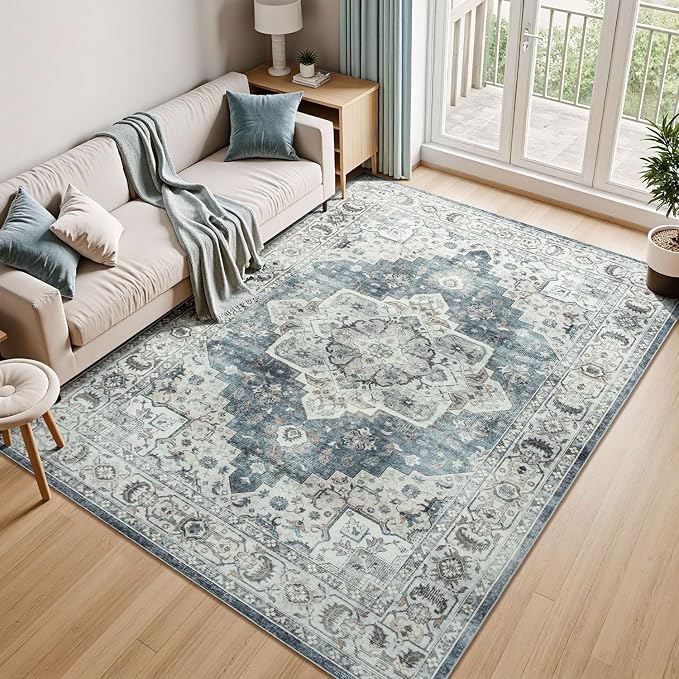 Lessymo Vintage Medallion Rug for Living Room 5x7, Machine Washable Area Rugs for Bedroom Dining Room Under Table, Soft Low Pile Carpet with Non Slip Backing, Blue Grey/Beige