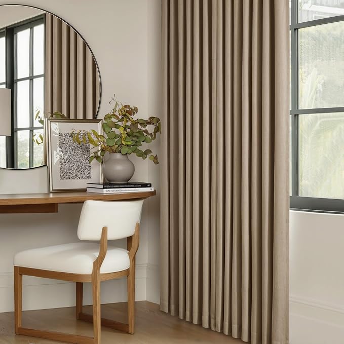 Light Brown Pinch Pleated Full Blackout Curtains Linen Blend 80 Inches Long | Room Darkening Window Curtains, for Living Room Bedroom, Thermal Insulated, Back Tab Pinch Pleat with Hooks Rings, 2 Panels