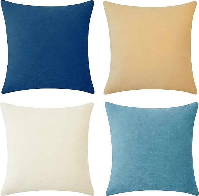 MONDAY MOOSE Decorative Throw Pillow Covers Cushion Cases, Set of 4 Soft Velvet Modern Designs, Mix and Match for Home Decor, Pillow Inserts Not Included (18x18 inch, Blue/Beige)