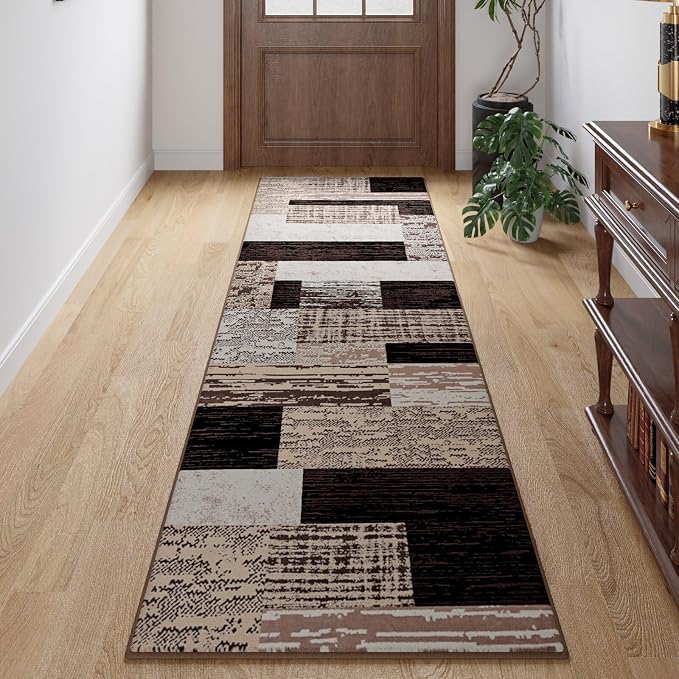 FlyDOIT Modern Geometric Patchwork Area Rug, 2x6 Chocolate Runner Rugs for Living Room, Rockwood Collection Indoor Rugs for Bedroom, Throw Carpet Floor Decor for Entryway Dining Room Office Nursery