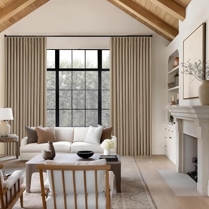 Light Brown Pleated Linen Blackout Curtains 102 Inches Long for Bedroom | 100% Black Out Thermal Insulated, Pinch Pleat with Rings Hooks, Room Darkening Drapes with Liner, for Living Room W40xL102