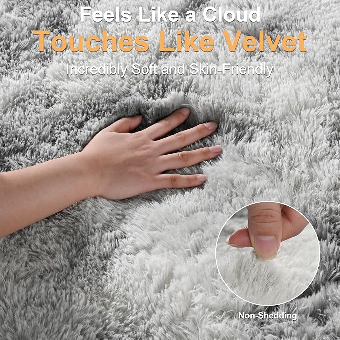 Fluffy Rugs for Living Room:Tie-dye White Grey Soft Shag Rug for Bedroom, Large Fuzzy Plush Indoor Floor Carpet Non Slip Modern Rug for Nursery Boys Girls Kids Room Dorms Home Decor, 7x10 Feet