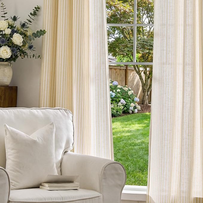 jinchan Linen Curtains 96 inch Yellow Stripe on White Grommet 2 Panels | Curtains for Living Room Bedroom,Ticking Vertical Stripe Pattern,Modern Farmhouse Drapes, Window Treatment,Light Filtering