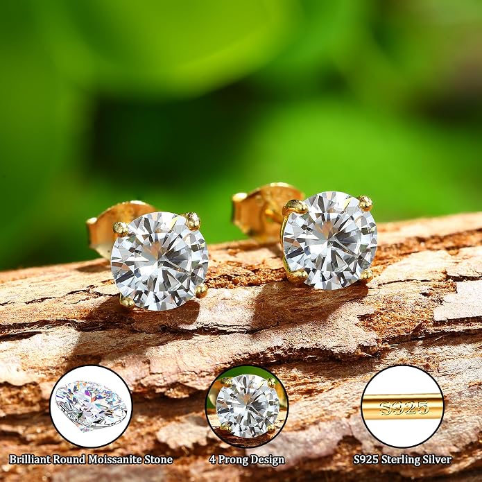 Moissanite Stud Earrings : 18K White Gold Plated Solid 925 Sterling Silver Earring Hypoallergenic Dainty Flat Back Stud Earrings Jewelry for Women Men D Color VVS1 Clarity