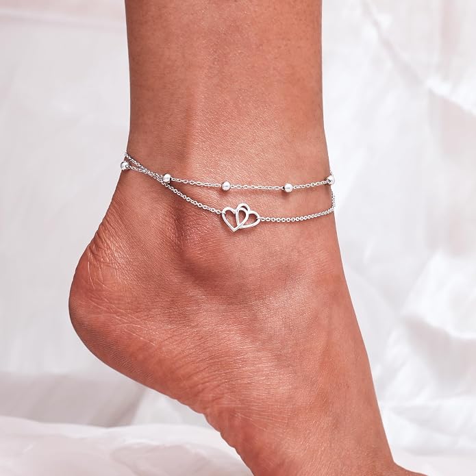 CHIC & ARTSY 925 Sterling Silver Ankle Bracelets for Women, Adjustable Layered Foot Chains with Nature & Symbol Charms, Lightweight Comfort Fit Boho Beach Everyday Jewelry