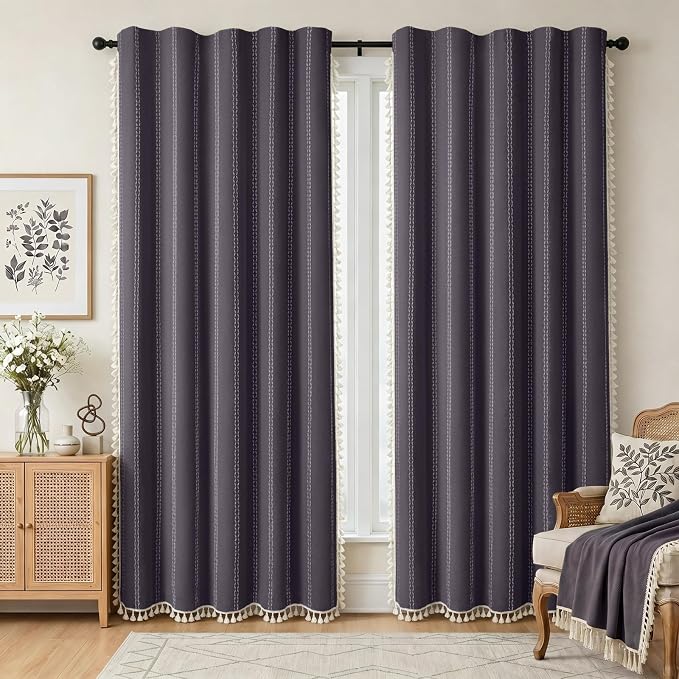 Gray Purple Boho Blackout Curtains 2 Panels 84 Inch for Living Room Bedroom, Linen Texture Farmhouse Curtains with Tassels and Purple Cotton Embroidery Vintage Rustic Country