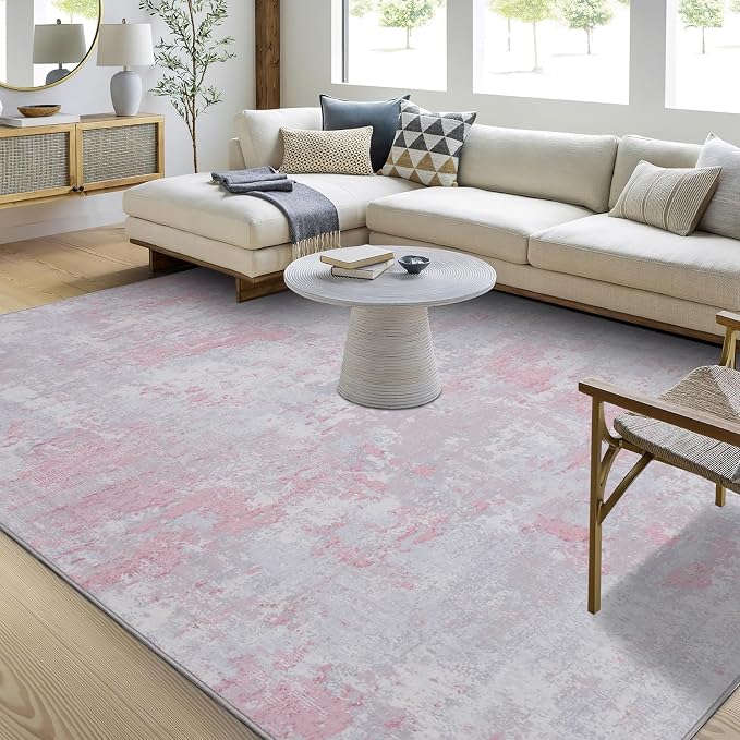 ROYHOME Modern Abstract Area Rug 5x7 Non Slip Non Shedding Rug Low Pile Stain Resistant for Bedroom Living Room,Grey Pink