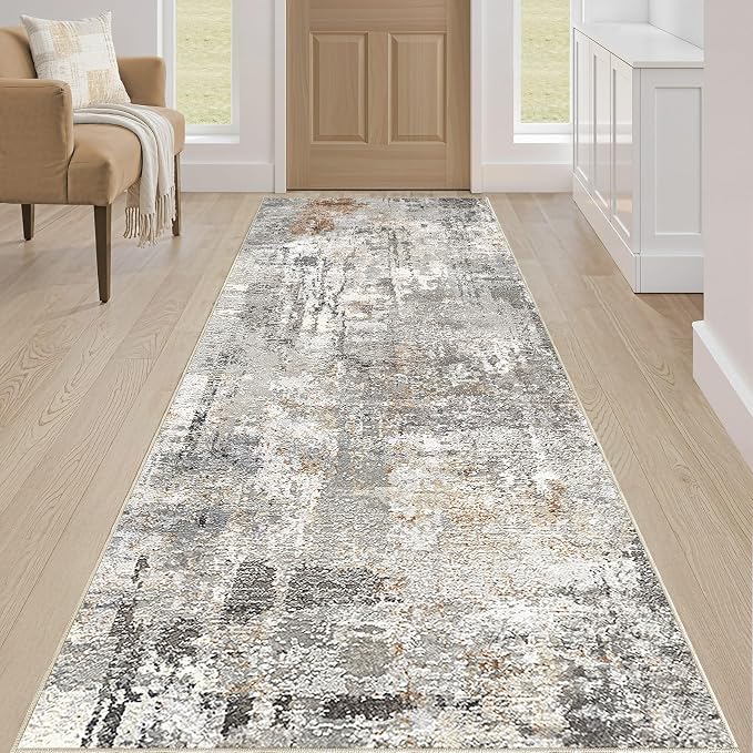 Runner Rug Kitchen Washable Rugs: 3x10 Non-Slip Abstract Soft Modern Stain Resistant Indoor Floor Neutral Accent Throw Carpet for Hallway Bathroom Laundry Room Entryway Bedroom- Gray Rust