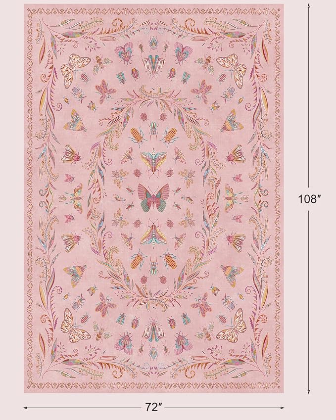Lunasun Floral Pink Rugs for Bedroom Girls 6x9 - Insect Print Cute Girly Rug for Living Room, Dining Room Under Kitchen Table, Washable Low Pile Vintage Bug Art Nouveau Home Decor