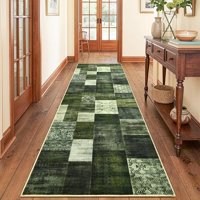 DweIke Runner Rug for for Hallways, 2'x6' Washable Kitchen Rugs with Non Slip Rubber Backing, Soft Low Pile Non-Shedding Geometric Carpet for Laundry Bedroom Bathroom, Green