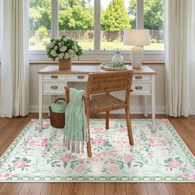 Collive 3x5 Nursery Rug, Boho Green Floral Area Rugs Machine Washable, Soft Ultra-Thin Bow Carpet Non Slip for Girls Room Bedroom Entryway Playroom Living Room (Green, 3' X 5')