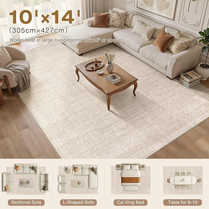 Nakagishi 10x14 Area Rugs Living Room: Washable Large Vintage Rug Neutral Non-Slip Soft Stain Resistant Indoor Carpet for Bedroom Nursery Dining Room Office Playroom - Beige