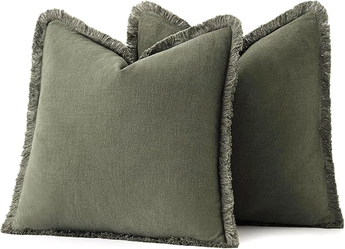 MIULEE Decorative Throw Pillow Covers Neutral Linen Fringe Throw Pillows Set of 2 Olive Green Boho Farmhouse Cushion Covers with Tassels for Couch Sofa Bed Living Room Spring Home Decor 18x18 Inch