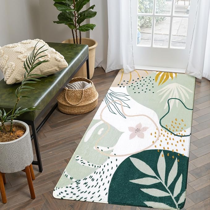 Lahome Washable Hallway Runner Rug - 2x4 Rugs for Bedroom Non-Slip Low-Pile Soft Bath Runner Rug Laundry Room Area Rug Botanical Print Throw Green Kitchen Mat Carpet Runner for Entrance Living Room