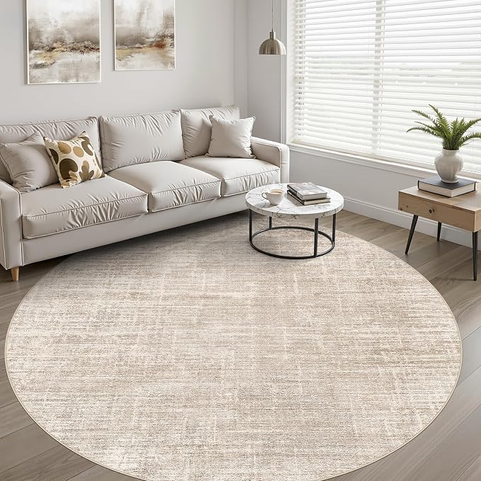 8ft Round Rug Living Room: 8x8 Washable Large Neutral Beige Circle Area Rug Abstract Soft Modern Stain Resistant Indoor Floor Non-Slip Carpet for Bedroom Nursery Kids Office Playroom Dining Room