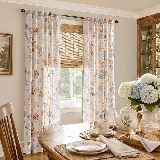 jinchan Floral Linen Curtains 84 Inch Vintage Cottagecore Back Tab 2 Panels | Light filtering drapes, semi sheer, farmhouse, botanical, watercolor, living room, bedroom, rod pocket, window treatment