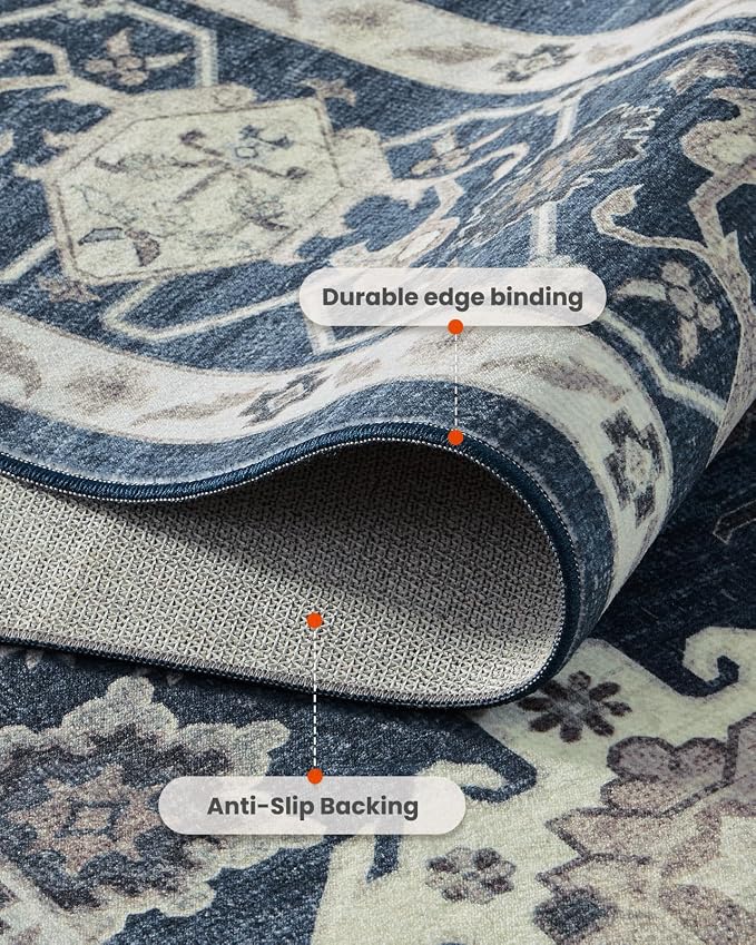 AMADA HOMEFURNISHING 9x12 Area Rug for Living Room, Vintage Washable Area Rug Low-Pile & Non-Slip Carpet for Bedroom Dining Room Nursery Home Office, Navy Blue/Brown