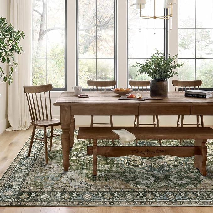 LUXRUG 6x9 Area Rug for Living Room - Large Oriental Washable Rugs for Bedroom Non-Slip Moss Green Boho Medallion Dining Room Rug Farmhouse Low-Pile Carpet Soft Vinatge Rug for Office Guest Room