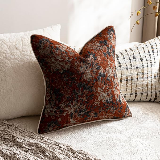 DEZENE Pack of 2 Vintage Floral Throw Pillow Covers 18x18 Boho Farmhouse Accents Chenille Square Decorative Pillow Cases for Living Room Couch Bed Home Decor, Rust