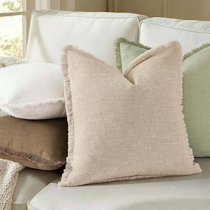 decorUhome Linen Fringe Cream White Throw Pillow Covers 24x24 Set of 2 | Euro Sham Decorative Soft Accent Modern Boho Farmhouse Cushion Covers with Tassels Cotton Pillow Covers for Couch Bed Sofa