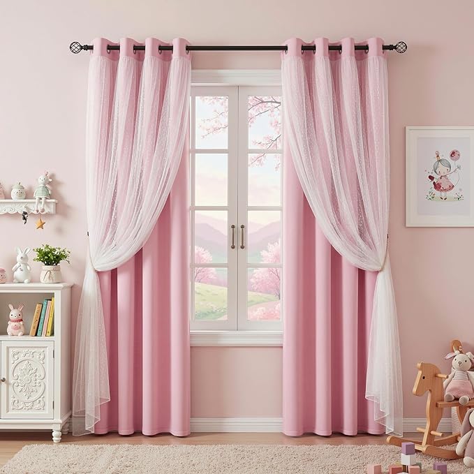 MYSKY HOME Baby Pink Curtains for Girls Bedroom 63 Inches Long with Polka Dots Sheer Overlay Light Pink Nursery Kids Room Blackout Drapes, Grommet Tops, 52" Wide, 2 Panels