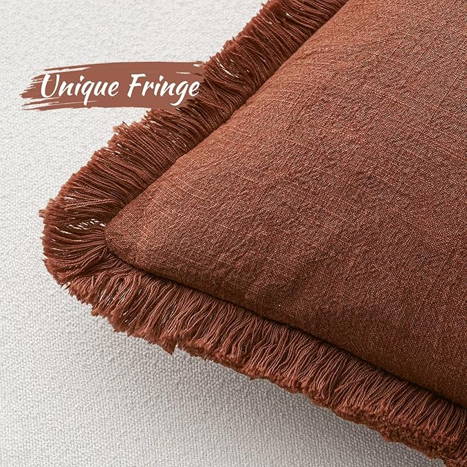 MIULEE Decorative Throw Pillow Covers Neutral Linen Fringe Throw Pillows Set of 2 Late Autumn Boho Farmhouse Cushion Covers for Couch Sofa Bed Living Room Fall Home Decor 20x20 Inch