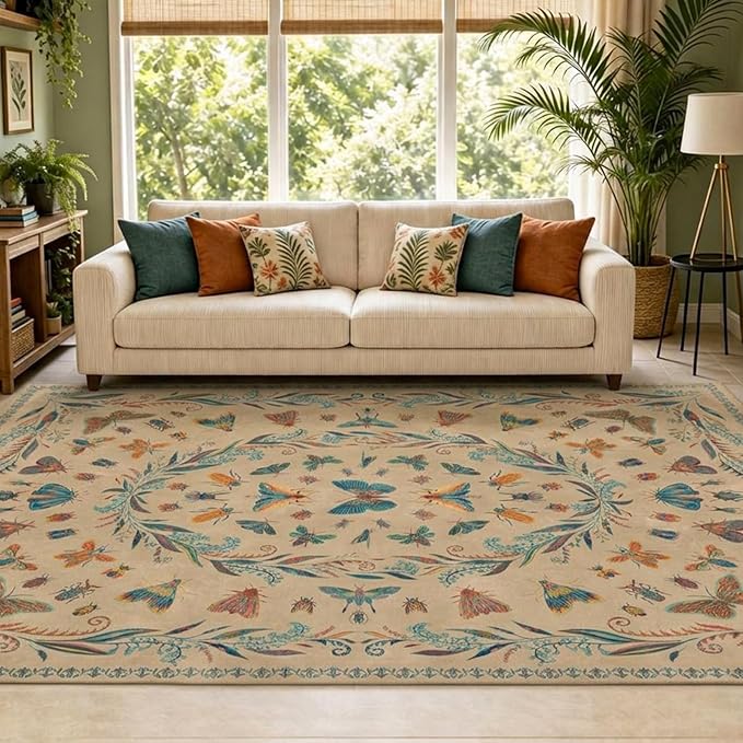 Washable Living Room Area Rug 5x7, Ultra Soft Carpet for Bedroom, Dining Room, Vintage Farmhouse Home Décor, Low Pile Non Slip Stain Resistant Rug (Brown & Blue)