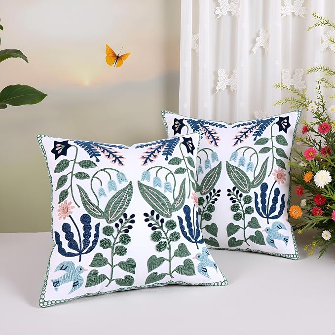 Embroidered Throw Pillow Covers 18x18 Pack of 2 Green and Navy Blue Leaves with Birds Pillow Covers Floral Tufted Pillowcases Summer Decorative Coastal Pillow Cushion Cases