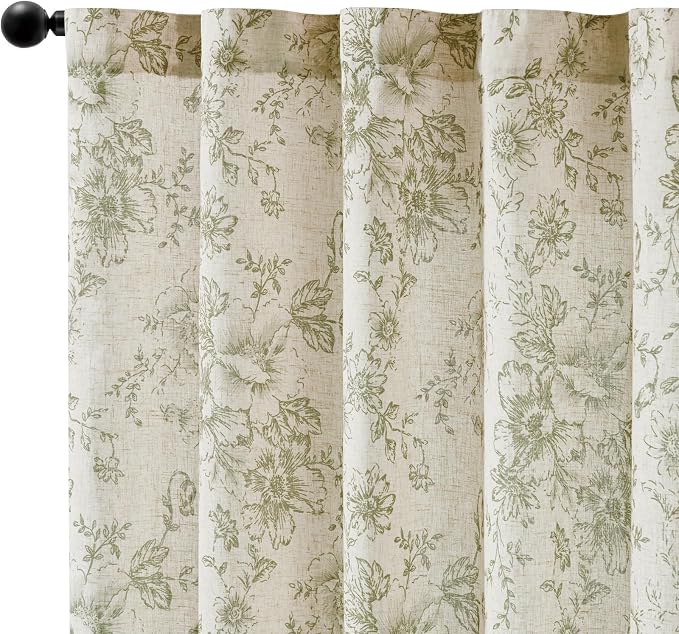 jinchan Green Floral Linen Curtains 96 Inch Farmhouse Back Tab 2 Panels | Light filtering drapes, semi sheer, farmhouse, cottagecore, rustic, living room, bedroom, rod pocket, window treatment
