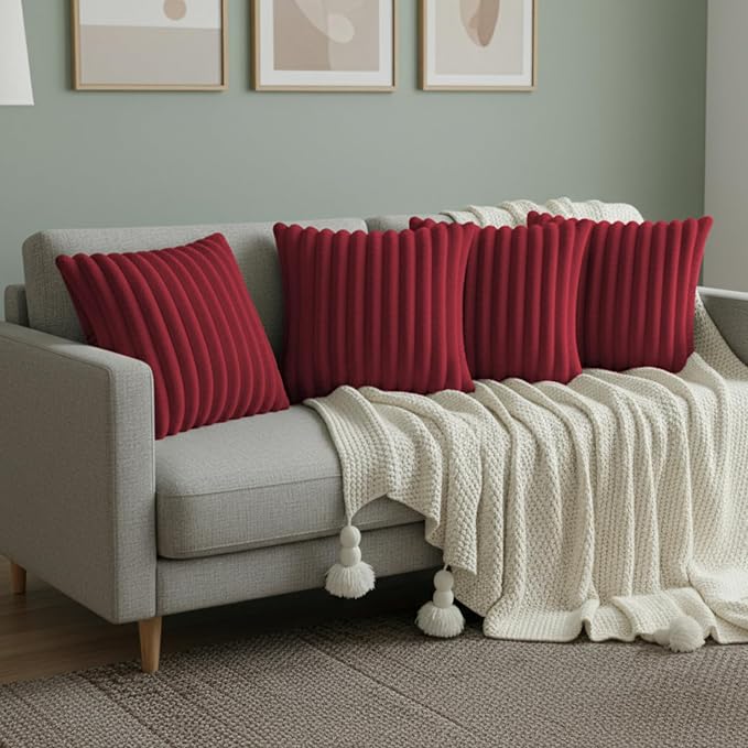 Red Throw Pillow Covers 18 x 18 Set of 4, Cute Boho Throw Pillow Cover for Couch/Bed, Decorative Pillows Covers for Sofa/Bed, Accent Pillow Covers for Living Room, Rustic/Home/Room Decor