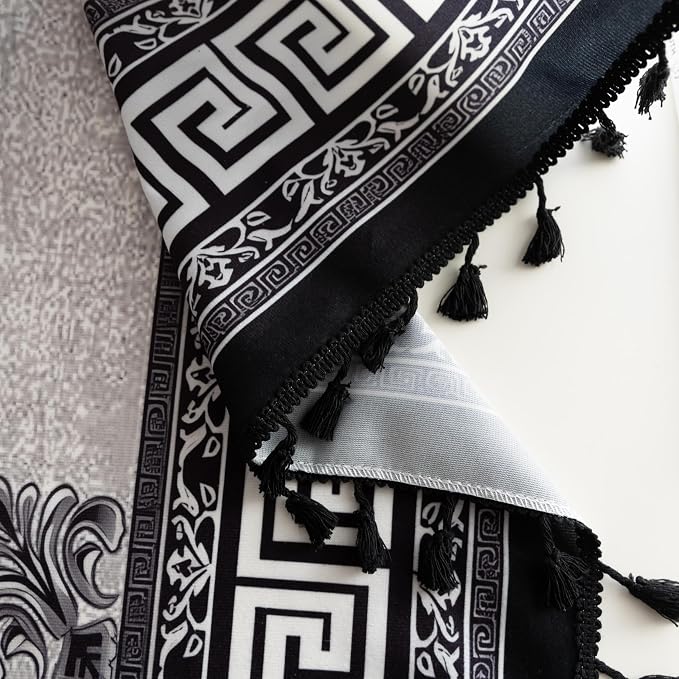 Black Medallion Curtains 84 Inches Long, Boho Farmhouse Light Filtering Rod Pocket Drapes with Tassel Trim for Bedroom Living Room, 2 Panels