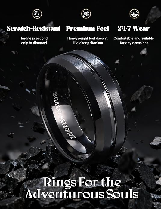 Jstyle Tungsten Wedding Rings for Men Black/Silver/Gold Mens Wedding Band 8MM Mens Engagement Rings Groove Beveled Edges High Polish/Matte Finish Men's Promise Ring Comfort Fit Size 7-14