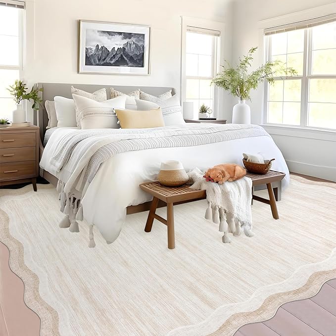 Garvee Scalloped 9x12 Area Rugs for Living Room Large Washable Rugs,Neutral Solid Rug Stain Resistant Non Slip Floor Mat Carpet Indoor Accent Rug for Bedroom Dining Room Playroom Home Decor,Cream | Girls Rug for Bedroom, Non-Slip Soft Carpet for Bedroo...