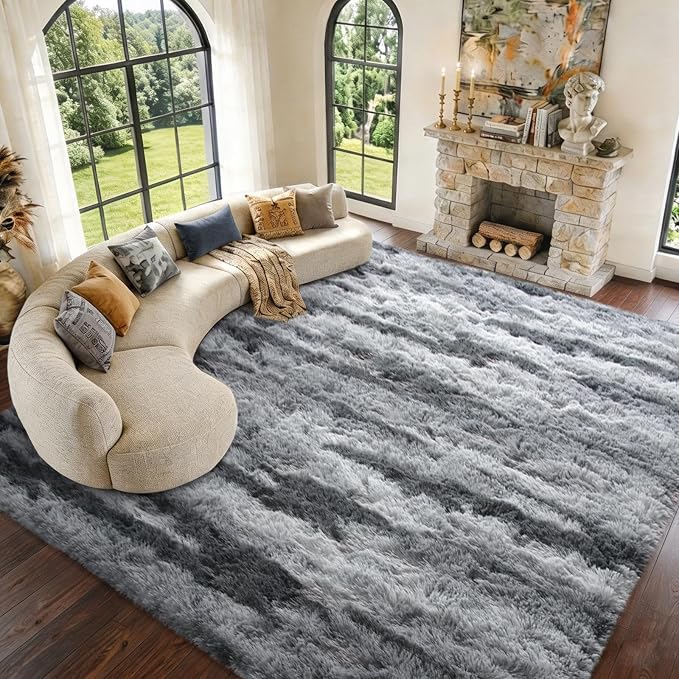 Extra Large 8x10 Area Rugs for Living Room Decor, Non-Slip Shaggy Tie-Dyed Rugs for Bedroom Kids Playroom Dorm Room, High Pile Ultra Soft Carpet, Grey