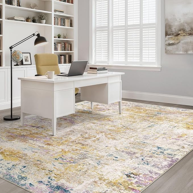 7x9 Area Rug Living Room: Washable Large Neutral Rug Abstract Soft Modern Stain Resistant Indoor Floor Non-Slip Carpet for Bedroom Nursery Kids Classroom Playroom Dining Room- Gold Multi