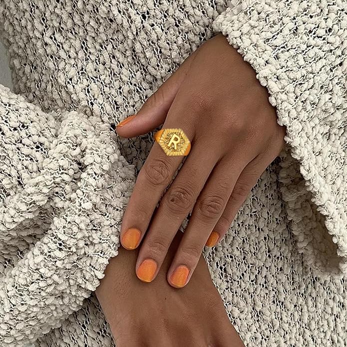 KeyStyle Bold Initial Letter Rings Adjustable, GoldChic Jewelry Women Gold Statement Ring Personalized Engraved Women’s Open Signet Ring for Party (Gold, White Gold, Black)