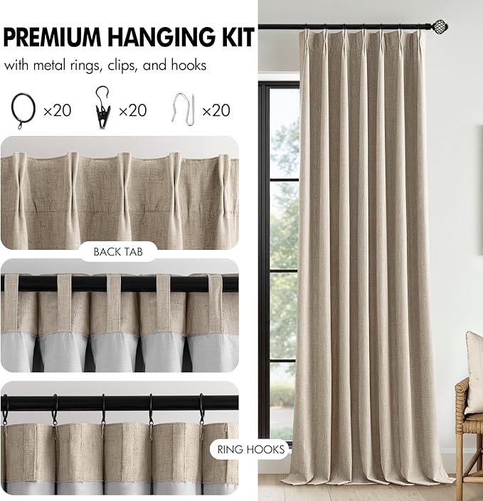 MIULEE Sand Pinch Pleated 100% Blackout Linen Curtains 102 Inch Length 2 Panels Set, Black Out Memory Trained Pleat Curtains Light Blocking Room Darkening Drapes for Bedroom Living Room Window