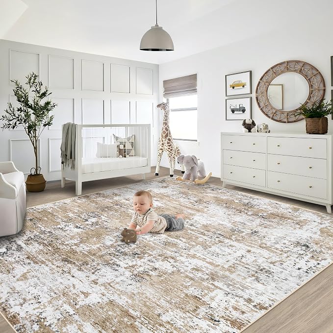 XLUEZ 8x10 Area Rugs for Living Room, Washable Modern Abstract Large Area Rug Neutral Soft Non Slip Kids Rug Stain Resistant Indoor Carpet for Bedroom Nursery Dining Room Playroom(Beige, 8'x10')