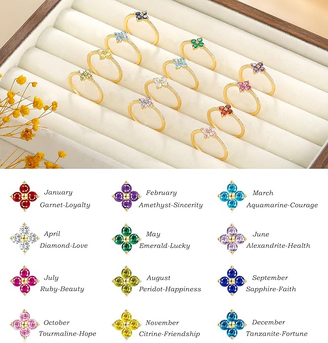 KOHOTA Birthstone Gold Rings for Women Non Tarnish 14K Gold Plated Stackable Rings Dainty Clover Flower CZ Gemstone Green Emerald Ring Engagement Wedding Band Jewelry Birthday Gifts Size 5-10