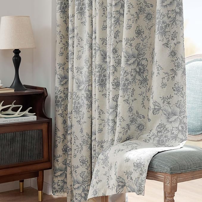jinchan Grey Floral Linen Blackout Curtains Lined 90 Inch Back Tab 2 Panels | Blackout lining, room darkening drapes, farmhouse, vintage, cottagecore, rustic, bedroom, living room, window treatment