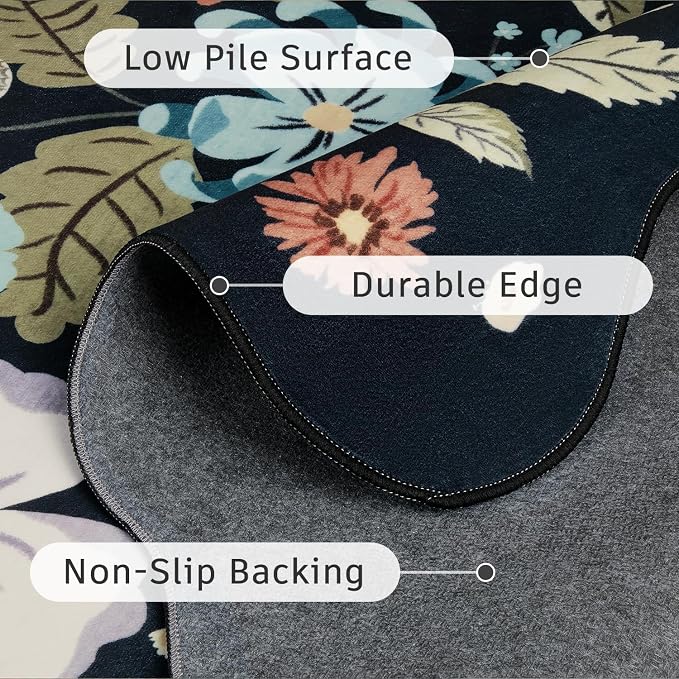 DCX Black Floral Rug 4x6, Washable Black Rug for Living Room, Kid & Pet Friendly with Rubber Back Non Slip, Soft Low Pile Carpet, Stain Resistant Rug for Bedroom, Nursery, Dining Room