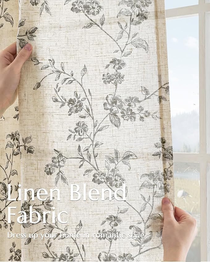 jinchan Black Floral Linen Curtains 63 Inch Farmhouse Back Tab 2 Panels | Flower patterned drapes, french country, printed, privacy, light filtering, bedroom, living room, dining room, home decor