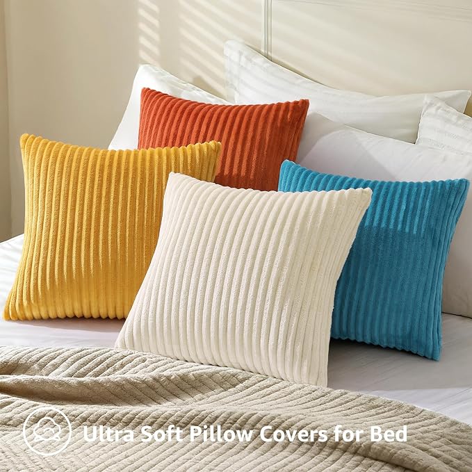 decorUhome Flannel Beige Rust Throw Pillow Covers 20X20 Set of 4 | Decorative Fall Soft Fluffy Striped Double-Sided Couch Pillow Covers, Modern Farmhouse Pillow Cases for Sofa bed Home Decor