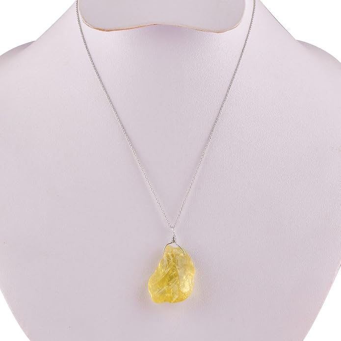 Natural Raw Lemon Quartz Stone Rough Crystal Gemstone Dainty Women Pendant Necklace, Chakra Healing Crystals, Birthstone, Gift, Rhodium Plated 925 Sterling Silver Chain 18 inch